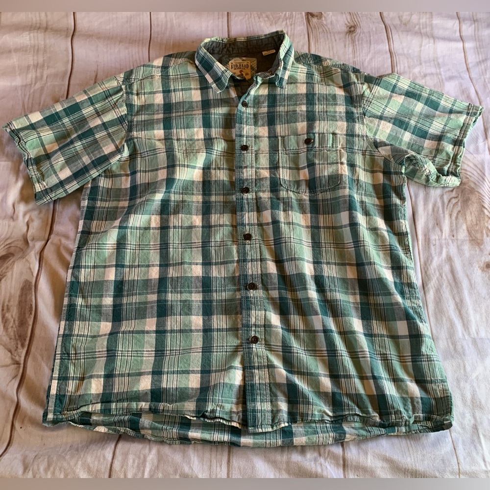 Red Head Green Plaid Short Sleeve Shirt Size XL